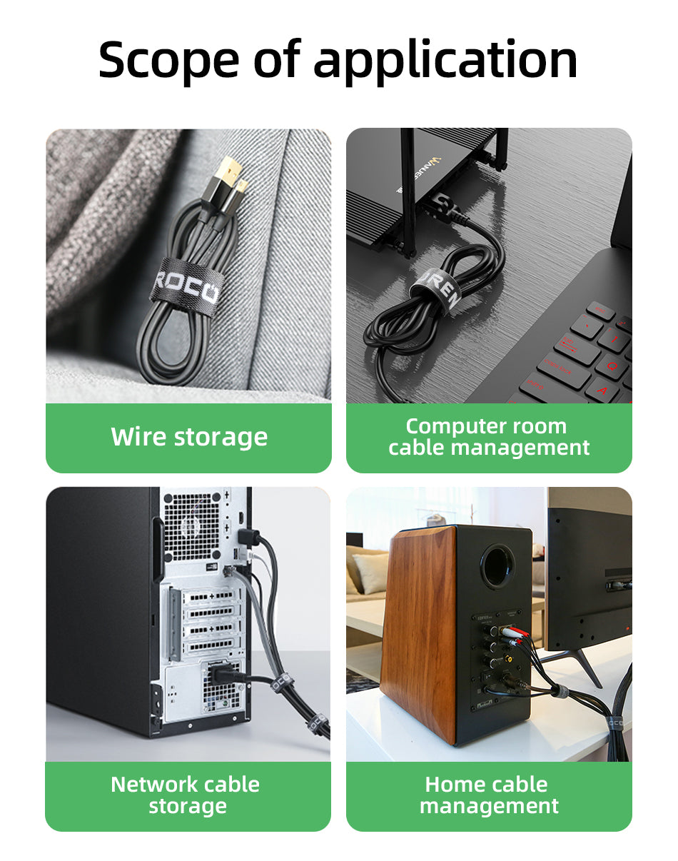 Rocoren Black, Customizable Length, Velcro Cable Organizer / Wire Winder / USB Cable Management