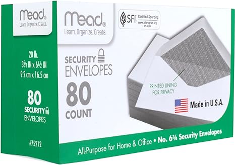 Mead #8 6 3/4 Security Envelopes  - 80 count