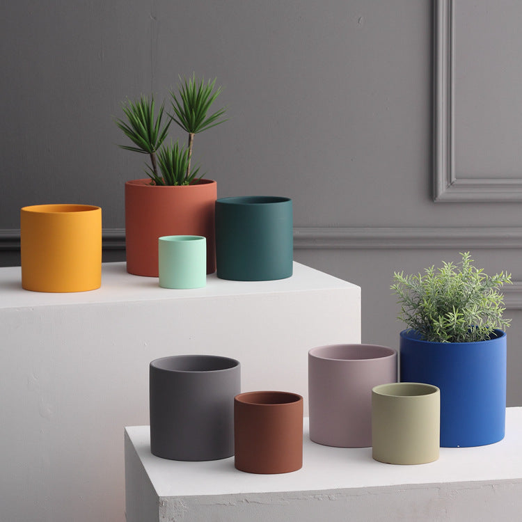 Nordic Industrial Style Colorful Ceramic Flowerpot, Succulent, Planter Cylindrical Shape With Optional Hole Tray